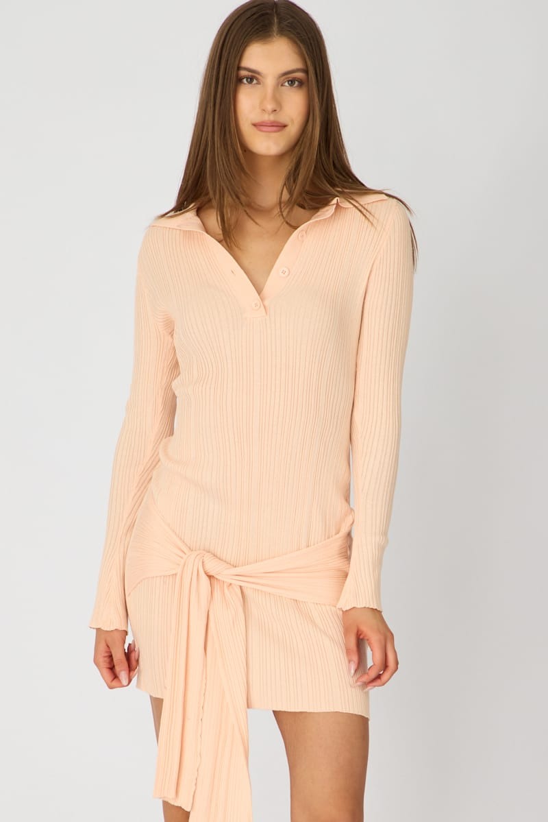 Peach Knit Dress Long Sleeve Mini Tie Front Detail view 2