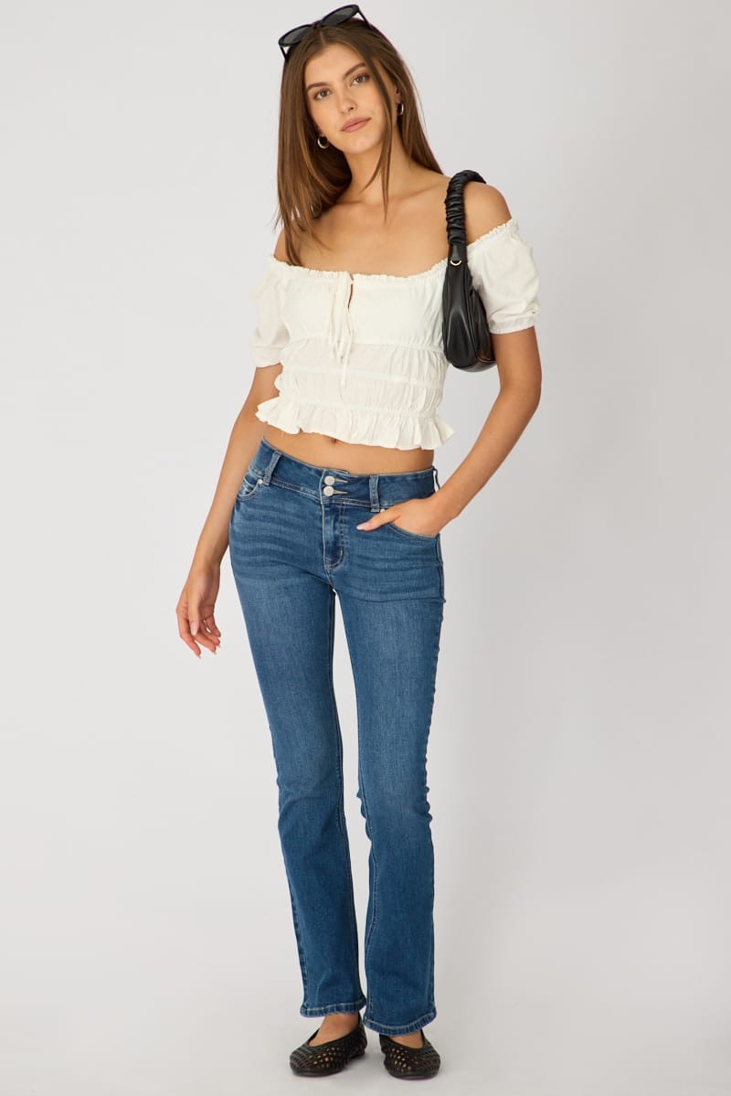 White Check Frill Ruched Blouse Short Sleeve view 2