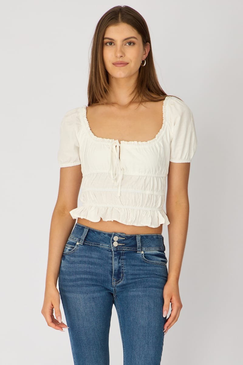 White Check Frill Ruched Blouse Short Sleeve view 3
