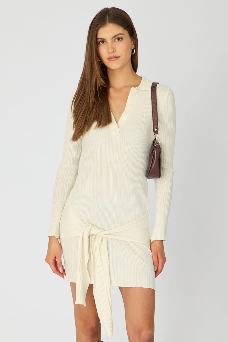 White Knit Dress Long Sleeve Mini Tie Front Detail view 2