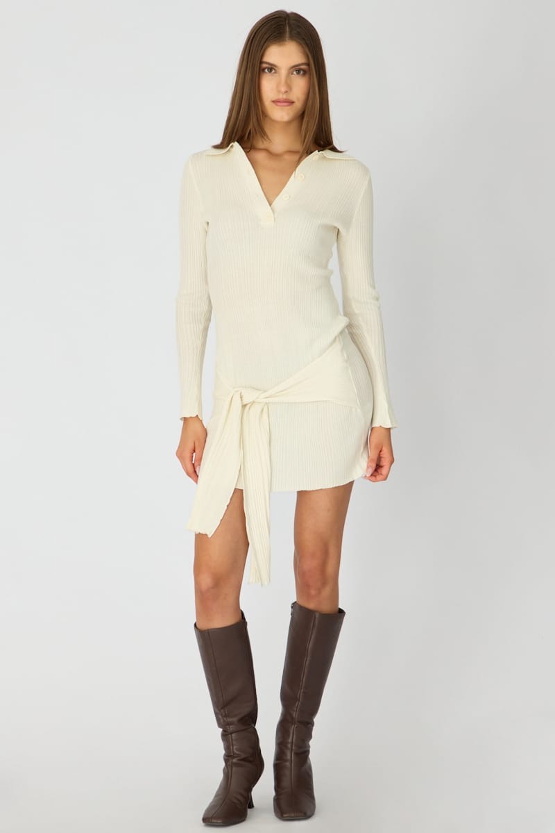 White Knit Dress Long Sleeve Mini Tie Front Detail view 3