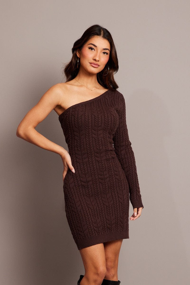 Brown One Shoulder Knitted Dress Long Sleeve view 3