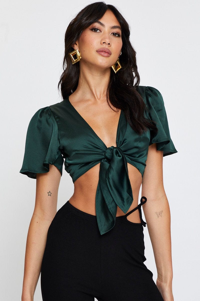 Green Crop Bolero Short Sleeve Tie Up view 3